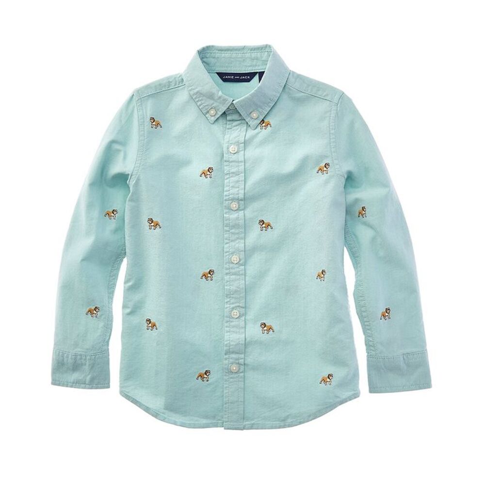 Janie And Jack Boys  Embroidered Bulldog Oxford Shirt, Blue